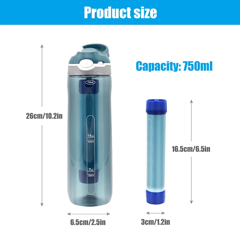 Instant Filtration Water Bottle for Active Lifestyles/ 750ML Outdoor Water Filter Bottle